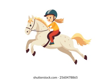 Young girl riding a jumping horse wearing a helmet and colorful clothing, cartoon illustration on a white background