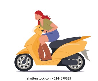 Young Girl Riding Motorcycle or Modern Scooter Isolated on White Background. Excited Woman Driving Yellow Bike, City Transport, Female Character Rider Motorcyclist. Cartoon People Vector Illustration