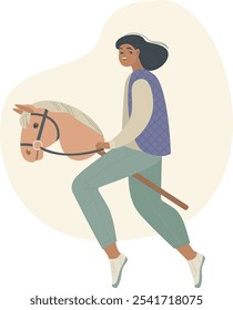 Young Girl riding on a stick horse. Hobby horsing sport activity. Modern children's sports hobby. Flat vector character