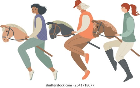 Young Girl riding on a stick horse. Hobby horsing sport activity. Modern children's sports hobby. Flat vector character