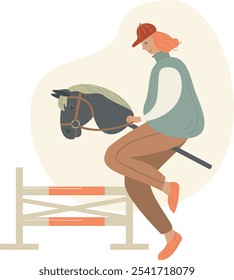 Chica joven montando en un caballo de palo. Actividad deportiva de hobbyhorsing. Afición moderna de los deportes de los niños. Carácter de Vector plano