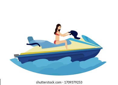 Young girl riding on water scooter, bright positive isolated on white background stock vector illustration. Outdoor activities, extreme lifestyle, vacation concept. Graphic composition with watercraft