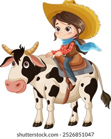 Young girl riding a spotted cow