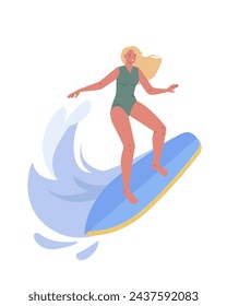 Young girl riding surfboard. Active female character in swimwear surfing ocean wave. Summer holidays, sport recreation. Flat vector illustrations on white background