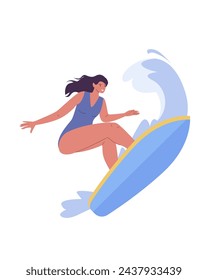 Young girl riding surfboard. Active female character in swimwear surfing ocean wave. Summer, sport recreation, sea leisure hobby. Flat vector illustrations on white background