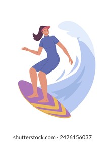 Young girl riding surfboards. Active female character in swimwear surfing ocean wave. Summer holidays, sport recreation, sea leisure hobby. Flat vector illustrations on white background