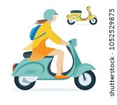 Young girl riding vintage scooter motor bike.
Side view scooter and scooter female driver flat style vector illustration.