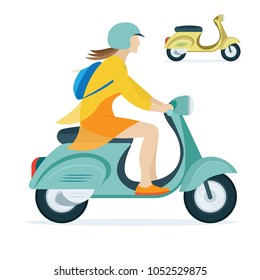 Young Girl Riding Vintage Scooter Motor Bike.
Side View Scooter And Scooter Female Driver Flat Style Vector Illustration.