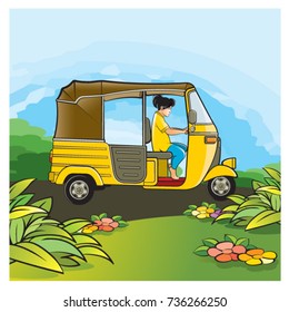 young girl riding a yellow color three wheeler-vector drawing