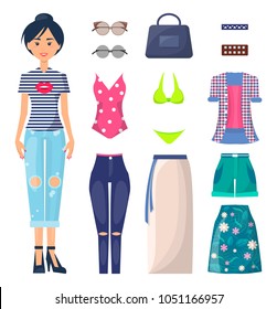 Young girl in ripped jeans with spare clothes. Girl in casual clothes with summer looks, bright swimwear and stylish accessories vector illustrations.