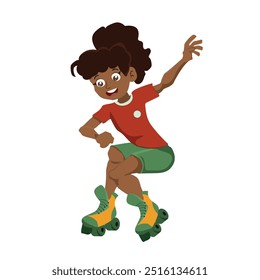 young girl roller skating, child learning to skate. vector illustration with white isolated background.