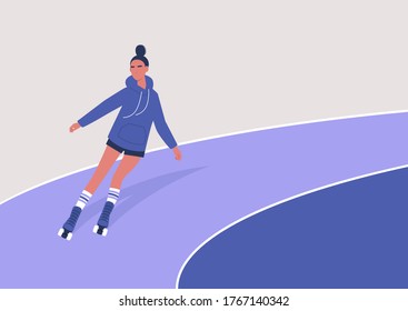 A young girl roller skating on a rink, leisure activity, quad skates with laces