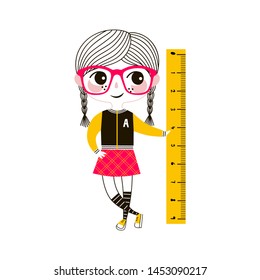 Young girl with ruler flat vector illustration. Talented creative kid in glasses, mathematician isolated cartoon character on white background. Schoolgirl at maths school classes drawing