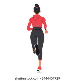 Young Girl Runner Athlete Character In Motion, Rear View. Her Legs In Powerful Strides, Determination Etched On Her Body Posture, Embodies Speed And Grace On Track. Cartoon People Vector Illustration