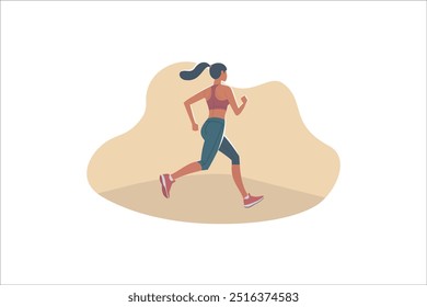 Young Girl Runner Athlete Character In Motion, Rear View. Her Legs In Powerful Strides, Determination Etched On Her Body Posture, Embodies Speed And Grace On Track. Cartoon People Vector Illustration.