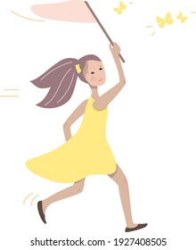 Young girl running after spring butterflies. Can be used as festive and spring illlustration.