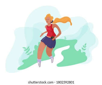 A young girl is running around the park with headphones and listening to music. Hair collected in a ponytail, on the hands of smart watch