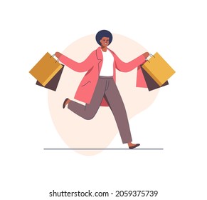 Young girl running during sales season. African american woman holding shopping bags happy after buying on sale and discount prices. Vector illustration.