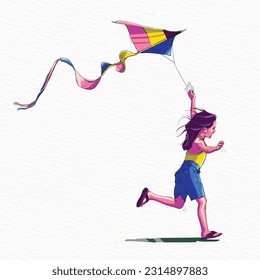 Young girl running and flying kite hand drawn vector illustration svg