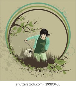 Young girl running with her dog on a floral background,vector illustration