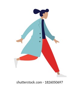 A young girl is running in hurry, colorful human illustrations on white background, woman illustration