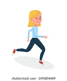 Young Girl running in sportwear, tracksuit. Female cartoon character. Vector Isolated illustration