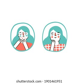 Young girl is sad about her acne skin before acne treatment. Acne before after skincare concept. Dermatology and beauty. Vector illustration in a flat hand drawn style