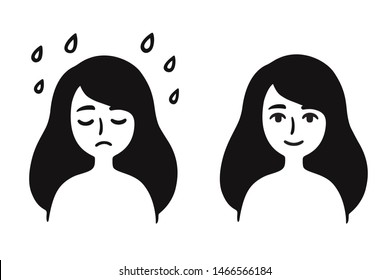 Young girl with sad, depressed face and normal, content expression. Black and white simple cartoon drawing. Overcoming depression and stress, mental health vector clip art illustration.