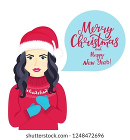 Young girl in Santa Claus hat and sweater with deers wishes Merry Christmas and Happy New Year.