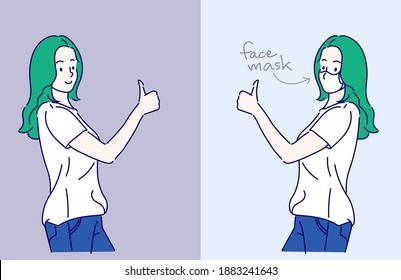 Young girl with a satisfied, proud and happy look with thumbs up, signaling OK. Hand drawn in thin line style, vector illustrations. (A Mask can be removable)