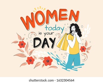 Young Girl Saying Women Today Is Your Day and holding Shopping Bag on Abstract Floral Background.