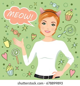 Young girl says Meow. Funny colored layout with cute girl and hand drawing pictures