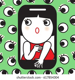 Young Girl Scared And Worried Using Mobile Phone As Victim Abused And Cyberbullying Concept Card Character illustration