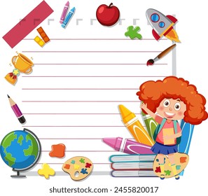 Young girl with school supplies and blank notebook.