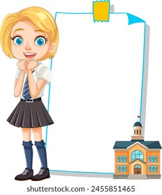 Young girl in school uniform with empty display board.