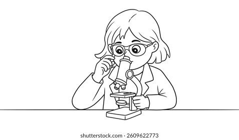 Young Girl Scientist Coloring Page Looking Through Simple Microscope Kids Science Discovery STEM Activity Outline