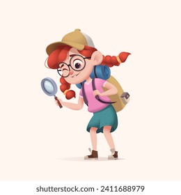 Young girl scout with backpack exploring the world. Modern cartoon 3D style vector illustration.