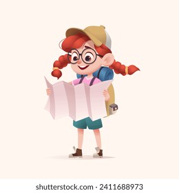 Young girl scout with backpack holdilding road map. Modern cartoon 3D style vector illustration.