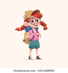 Young girl scout with backpack standing. Modern cartoon 3D style vector illustration.