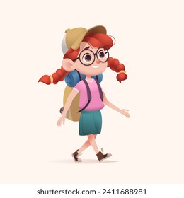 Young girl scout with backpack walking. Modern cartoon 3D style vector illustration.