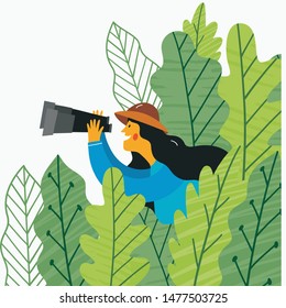 Young girl scout with binoculars sweeping grass. vector illustration in modern style