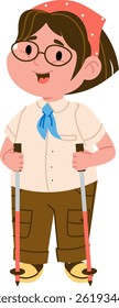 A young girl scout, depicted in a cheerful cartoon style with glasses and trekking poles, is shown ready for an adventure. Cartoon vector illustration