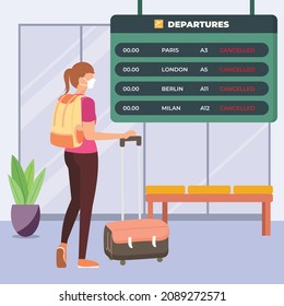 Young girl see at schedule board with information about canceled flights in international airport. women disappointed with flight cancellation. Masked transit. Colorful flat vector illustration