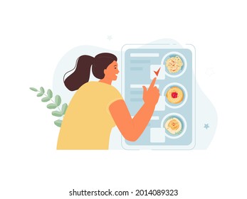 Young Girl selects dishes in the application. Ordering products online delivery to your home or office. Vector web illustration