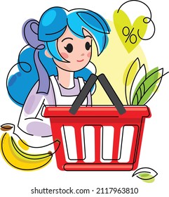 a young girl - the seller collects a grocery basket of vegetables and fruits. checkout area in the store.