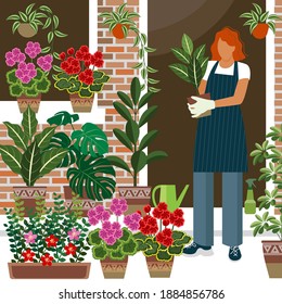 young girl is selling flowers in a flower shop. many flowering house plants. the girl runs her own business. a drawing in the style of the cartoon. stock vector illustration. EPS 10