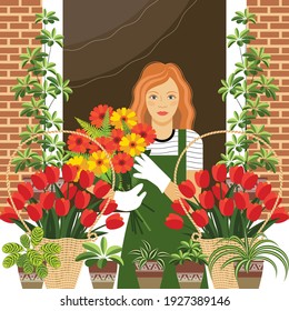 young girl sells flowers in a flower shop. decoration of the cottage with plants, bouquets and baskets of flowers  the girl runs her own business. the flat pattern. 
vector  EPS 10.