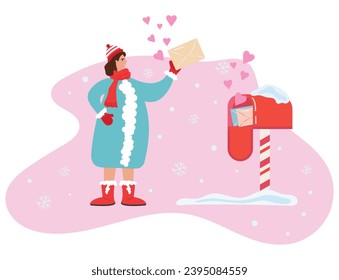 A young girl sends a letter with a red heart. A girl with a large envelope puts it in a mailbox with love letters. Happy Valentine's Day. Romantic letter. Vector design