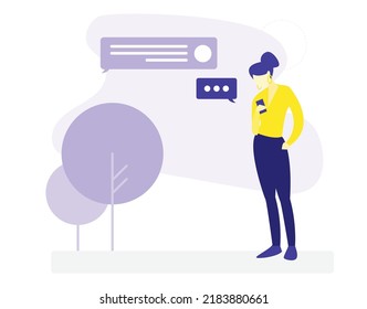 Young girl sends messages via smartphone. Young happy woman uses a mobile phone for texting. Mobile internet communication, social media chatting, instant messaging. Vector illustration.