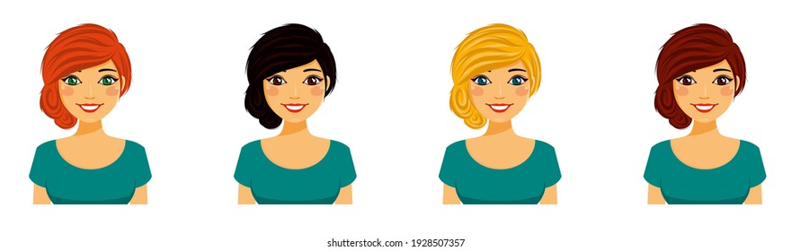 Young girl, set.  Beautiful of girl with different hair colors. Flat style on white background. Cartoon